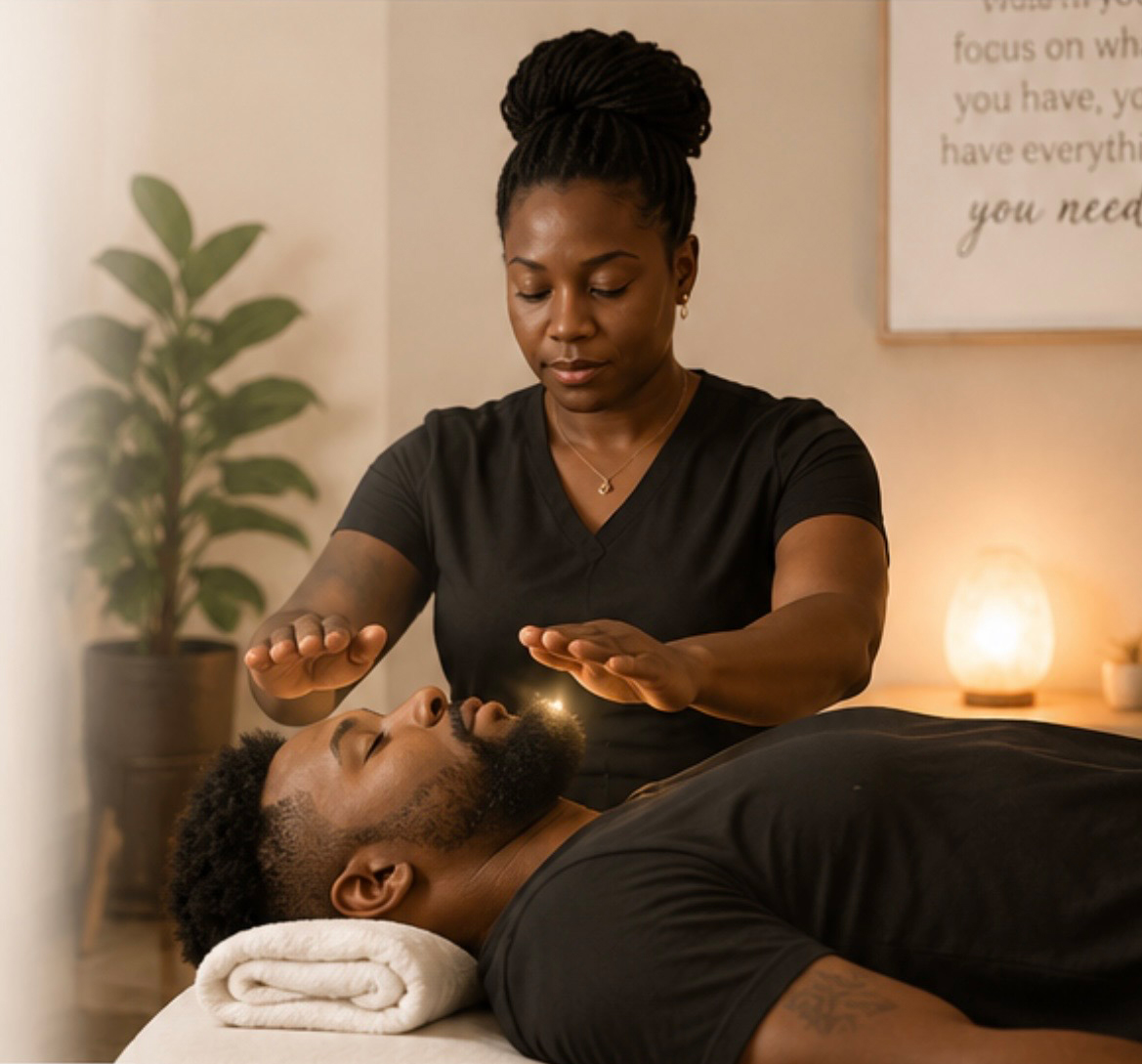 Reiki energy healing session in a relaxing treatment space